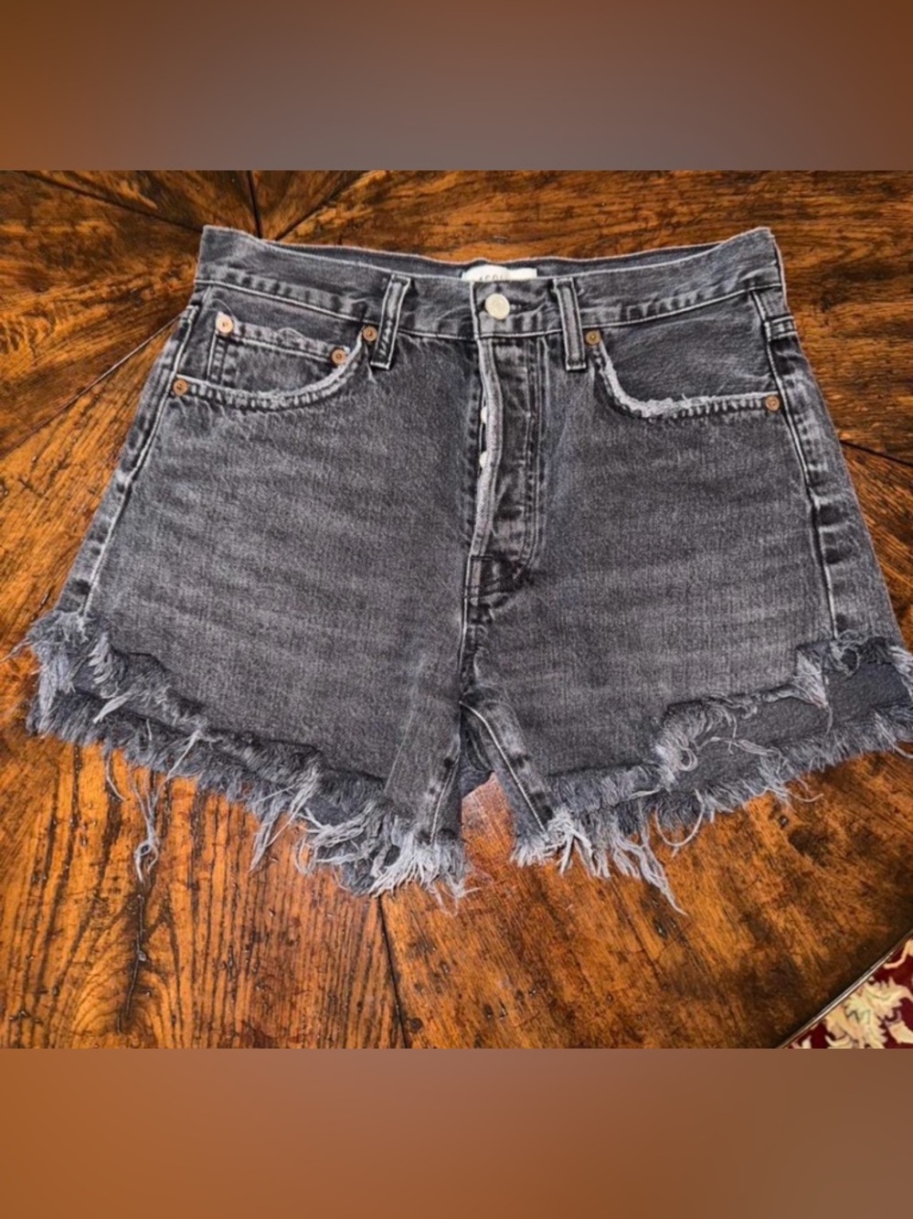 Agolde Washed Black High-Rise Frayed Hem Denim Shorts